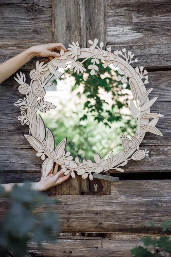 Small Wall Mirror SIZE S 11'' 27cm Boho Aesthetic Accent Mirror Compact Wood Floral Wall Art Decor Modern Style Unique Home Decor - Image 3