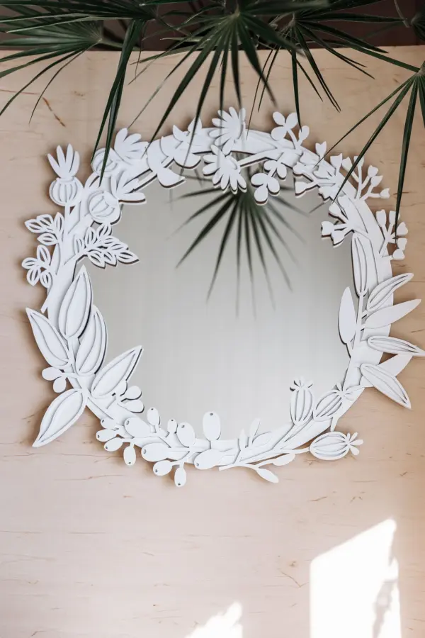 Small Wall Mirror SIZE S 11'' 27cm Boho Aesthetic Accent Mirror Compact Wood Floral Wall Art Decor Modern Style Unique Home Decor