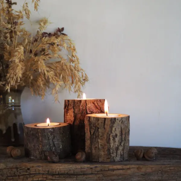 Rustic Tree Branch Candle Holders - Set of 3, Cozy Home Decor, Hygge Style, 5th Anniversary Gift, Handcrafted Wooden Tealight Holders - Image 3