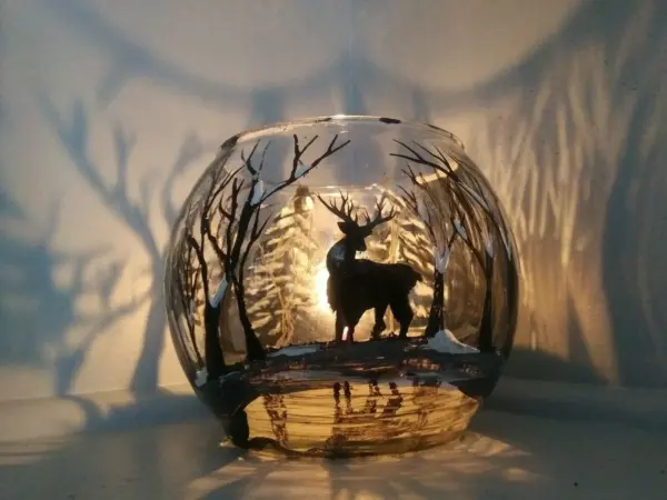 Art , Black Deer, winter, forest ,hand painted , glass bowl ,beautiful shadow , candle holder, fun, gift , unique, beautiful - Image 3